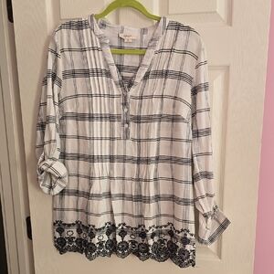 Style & Co. Black and White Plaid Blouse with Floral Hem